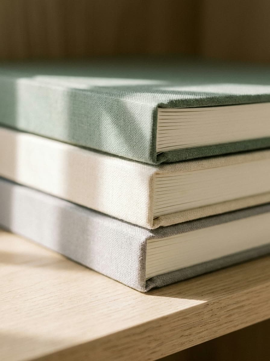 Stack of sage, cream and stone linen albums in window light