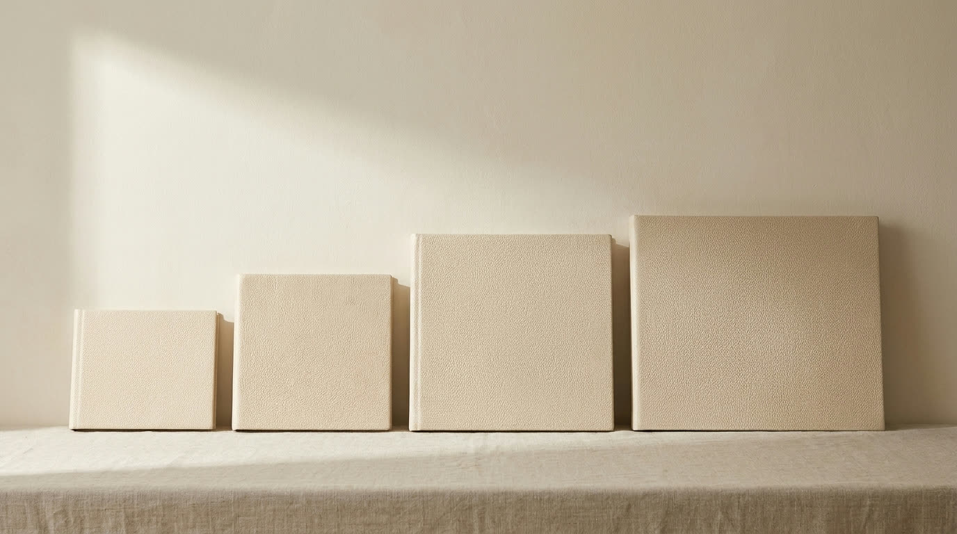 Four album sizes standing in a row against a plaster wall