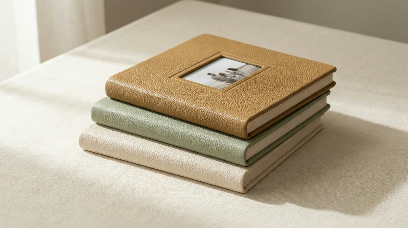 Three handcrafted leather albums stacked on a linen table