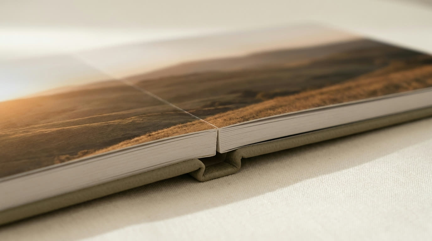 Open album lying perfectly flat, one photograph across both pages