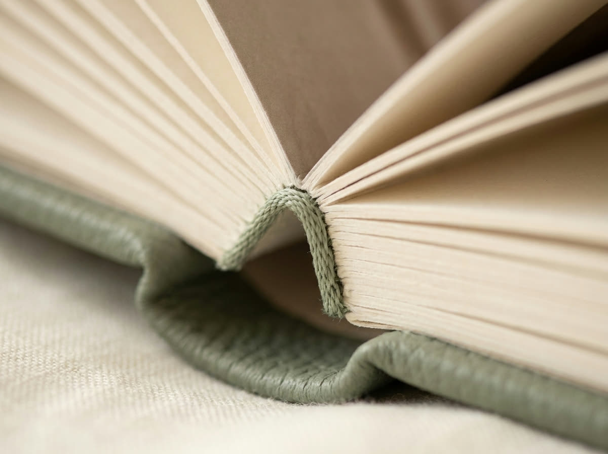 Close view of sage stitching where the pages meet the spine